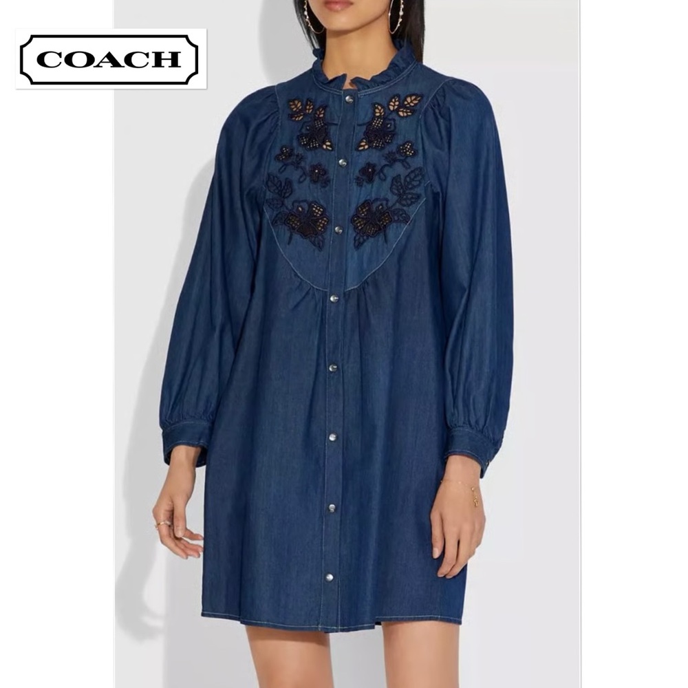 Coach Embroidered Denim Dress Blue Size 12 Made In Italy Snap Button Closure - Picture 2 of 16